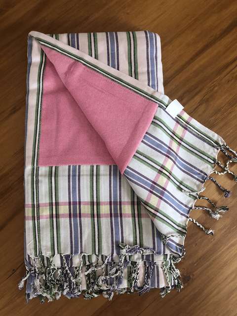 Kikoy Towel: White with Green and Purple stripes and Pink terry lining - Salt and Reverie