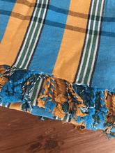 Load image into Gallery viewer, Kikoy Towel: Yellow and Turquoise Stripes with Apricot terry lining - Salt and Reverie
