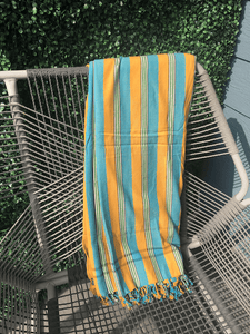 Kikoy Towel: Yellow and Turquoise Stripes with Apricot terry lining - Salt and Reverie