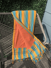 Load image into Gallery viewer, Kikoy Towel: Yellow and Turquoise Stripes with Apricot terry lining - Salt and Reverie