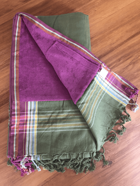 Kikoy Towel: Olive and Pink edge with Fuschia terry lining - Salt and Reverie