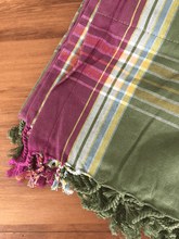 Load image into Gallery viewer, Kikoy Towel: Olive and Pink edge with Fuschia terry lining - Salt and Reverie
