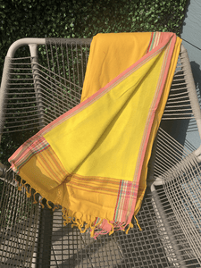 Kikoy Towel: Canary Yellow and Pink edge with Luminous Yellow terry lining - Salt and Reverie