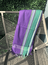 Load image into Gallery viewer, Kikoy Towel: Purple and Green with Teal or Blue terry lining - Salt and Reverie
