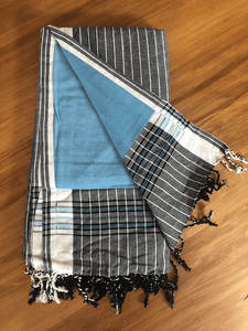 Kikoy Towel: Black and White Stripes with Turquoise terry lining - Salt and Reverie