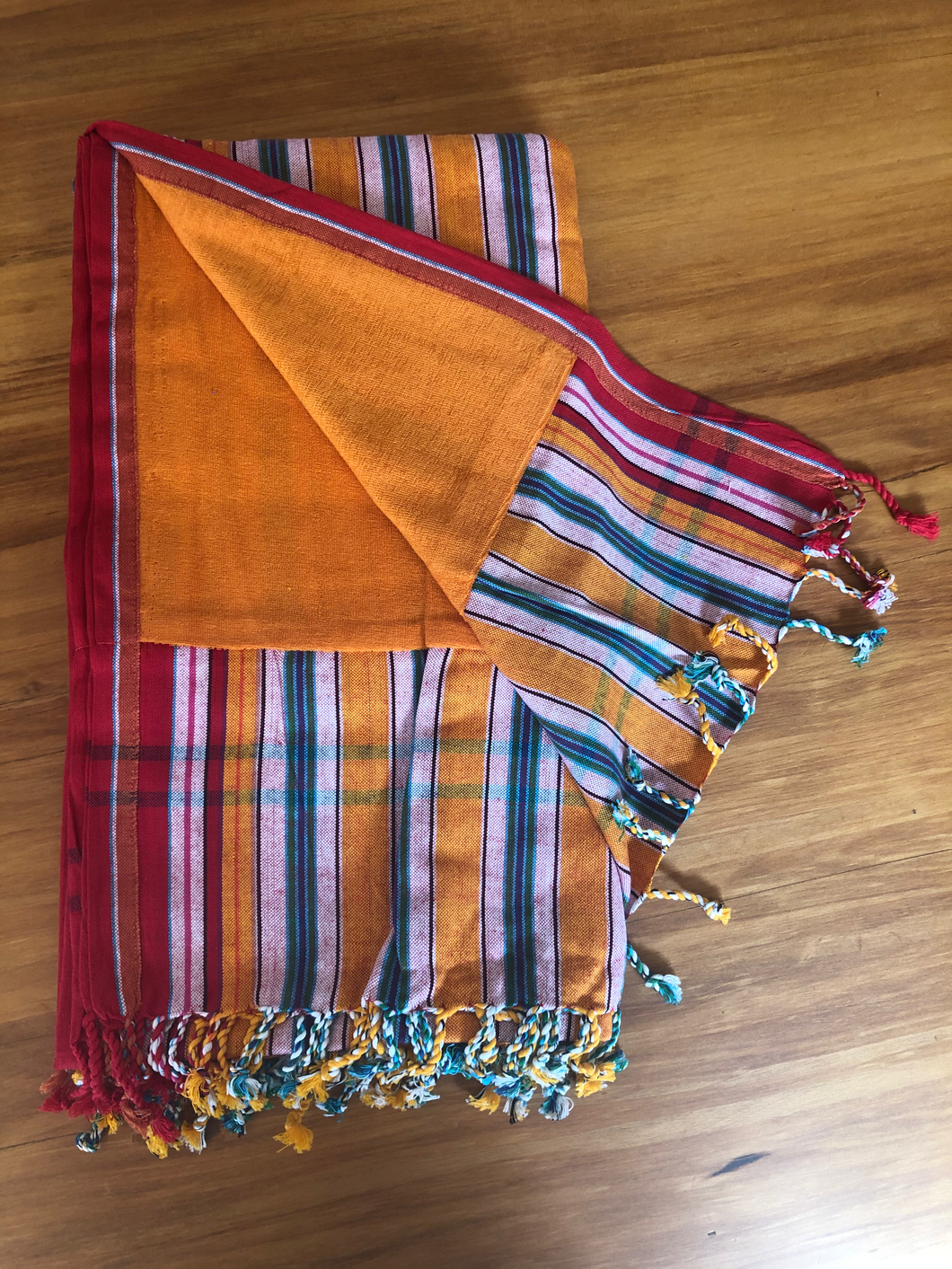 Kikoy Towel: Orange/Teal/White Stripes and Red edge with Orange terry lining - Salt and Reverie