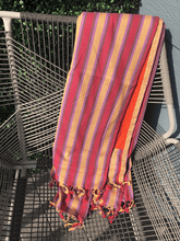 Load image into Gallery viewer, Kikoy Towel: Pink/Purple/Yellow Stripes with Orange terry lining - Salt and Reverie