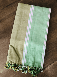 Kikoy Towel: Olive and Green with White stripes and Apricot terry lining - Salt and Reverie