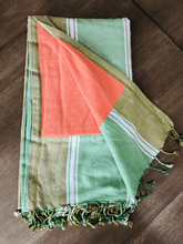 Load image into Gallery viewer, Kikoy Towel: Olive and Green with White stripes and Apricot terry lining - Salt and Reverie